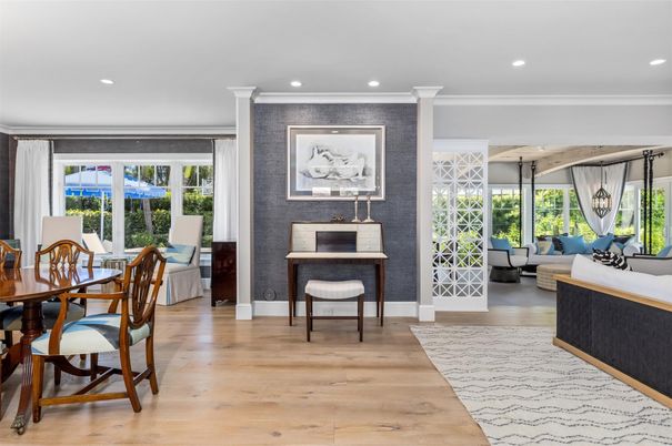 Dining room, Interior, Pendant Lights, Recessed Lighting, Wood Texture Flooring