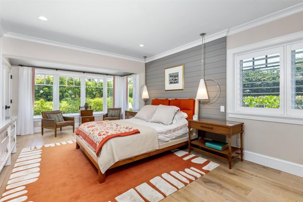 Bedroom, Interior, Pendant Lights, Recessed Lighting, Wood Texture Flooring