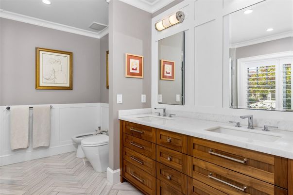 Bathroom, Dual Sink Vanities, Interior, Recessed Lighting, Wood Texture Flooring