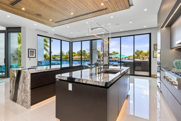 Interior, Kitchen, Pendant Lights, Recessed Lighting, Stainless Steel Appliances, Water, Wooden Ceilings
