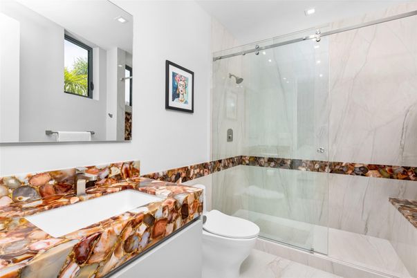 Bathroom, Glass Shower, Interior, Marble Walls, Recessed Lighting