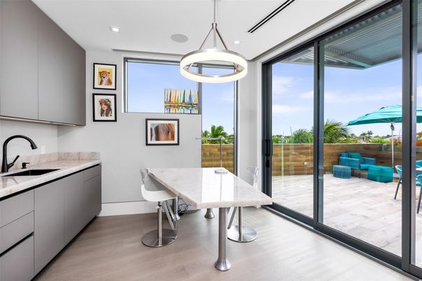 Dining room, Interior, Kitchen, Pendant Lights, Recessed Lighting, Wood Texture Flooring