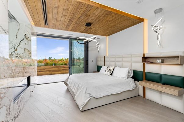 Bedroom, Interior, Marble Walls, Pendant Lights, Wooden Ceilings, Wood Texture Flooring