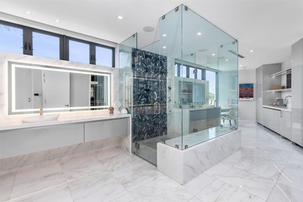 Bathroom, Dual Sink Vanities, Glass Shower, Interior, Marble, Recessed Lighting