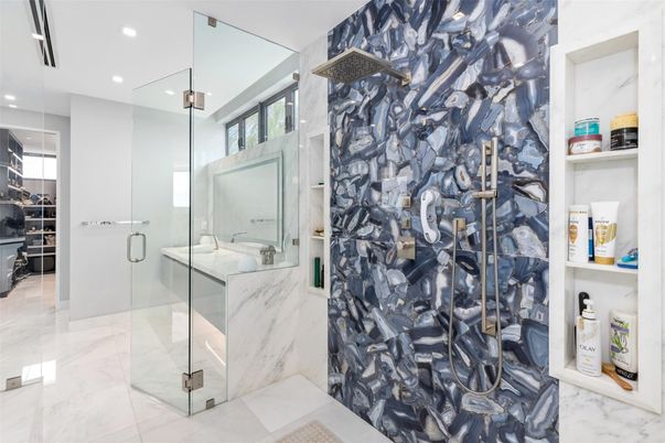 Bathroom, Glass Shower, Interior, Marble, Marble Walls, Recessed Lighting