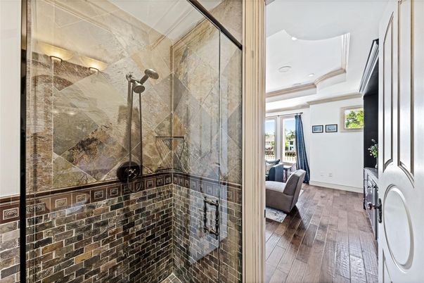 Bathroom, Glass Shower, Interior, Recessed Lighting, Wood Texture Flooring