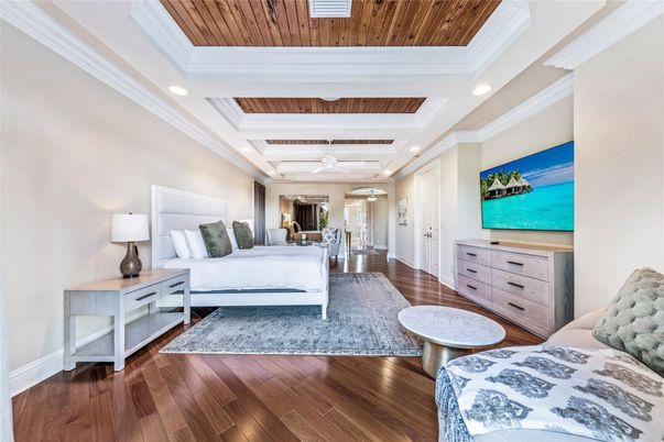 Bedroom, Interior, Recessed Lighting, Wooden Ceilings, Wood Texture Flooring