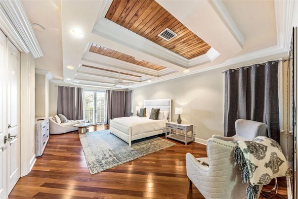 Bedroom, Interior, Recessed Lighting, Wooden Ceilings, Wood Texture Flooring