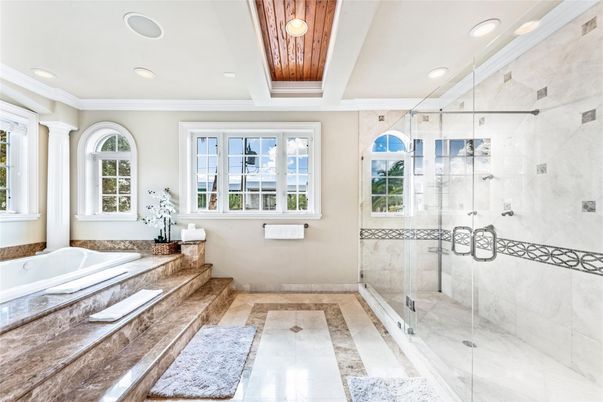 Bathroom, Glass Shower, Interior, Recessed Lighting, Wooden Ceilings