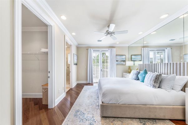Bedroom, Interior, Recessed Lighting, Wood Texture Flooring