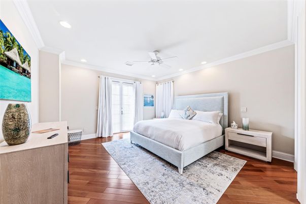 Bedroom, Interior, Recessed Lighting, Wood Texture Flooring