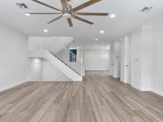 Empty room, Interior, Pendant Lights, Recessed Lighting, Wood Texture Flooring