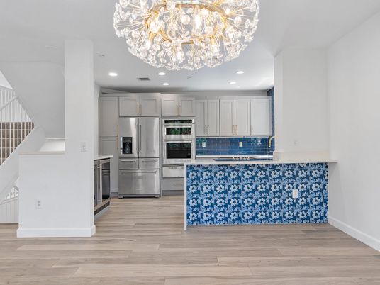 Chandelier, Interior, Kitchen, Recessed Lighting, Stainless Steel Appliances, Wood Texture Flooring