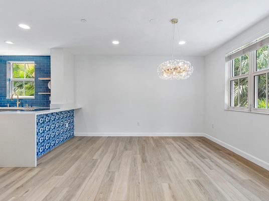 Chandelier, Empty room, Interior, Recessed Lighting, Wood Texture Flooring