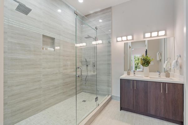 Bathroom, Dual Sink Vanities, Glass Shower, Interior, Recessed Lighting