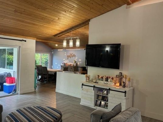 Dining room, Interior, Living room, Pendant Lights, Wooden Ceilings, Wood Texture Flooring