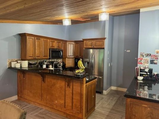 Interior, Kitchen, Stainless Steel Appliances, Wooden Ceilings, Wood Texture Flooring