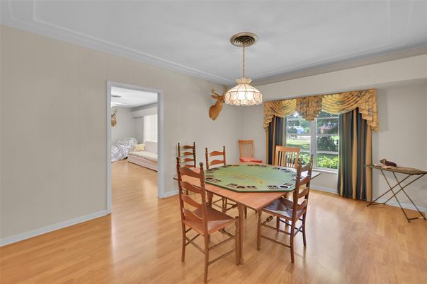 Dining room, Interior, Pendant Lights, Wood Texture Flooring