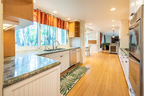 Interior, Kitchen, Recessed Lighting, Stainless Steel Appliances, Wood Texture Flooring