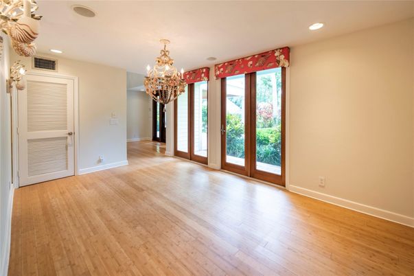 Chandelier, Empty room, Interior, Recessed Lighting, Wood Texture Flooring