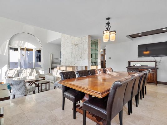 Dining room, Fireplace, Interior, Living room, Pendant Lights, Recessed Lighting