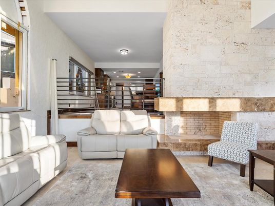 Interior, Living room, Recessed Lighting, Stone Walls