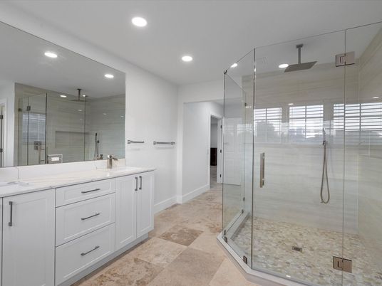 Bathroom, Dual Sink Vanities, Glass Shower, Interior, Recessed Lighting