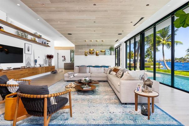 Interior, Living room, Pendant Lights, Recessed Lighting, Water, Wooden Ceilings, Wood Texture Flooring