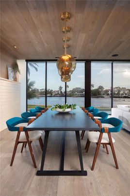 Dining room, Interior, Recessed Lighting, Water, Wooden Ceilings, Wood Texture Flooring