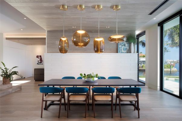 Dining room, Interior, Pendant Lights, Recessed Lighting, Water, Wood Texture Flooring