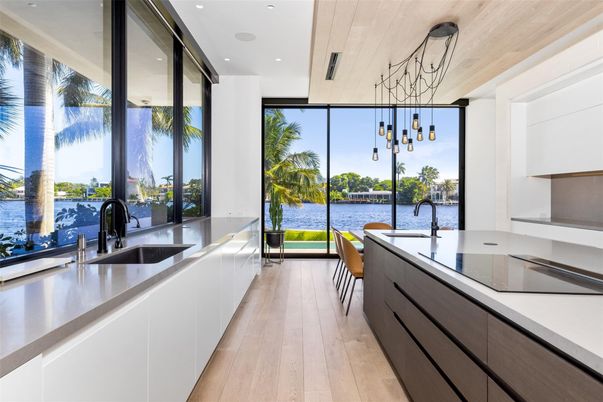 Interior, Kitchen, Pendant Lights, Recessed Lighting, Water, Wooden Ceilings, Wood Texture Flooring