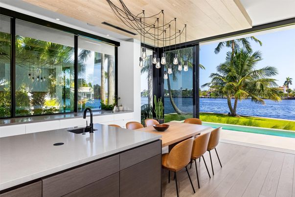 Dining room, Interior, Kitchen, Pendant Lights, Recessed Lighting, Water, Wooden Ceilings, Wood Texture Flooring