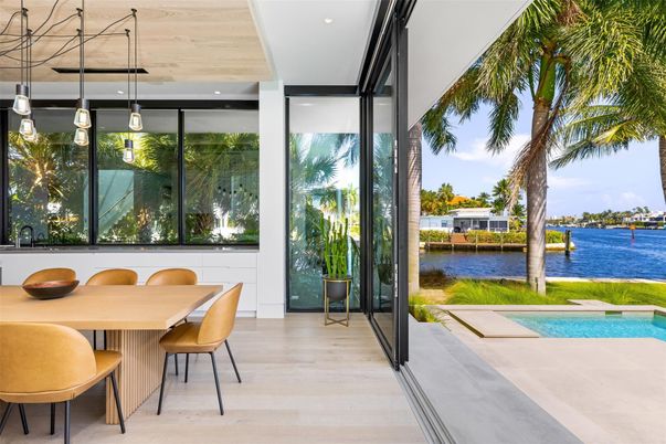 Dining room, Interior, Pendant Lights, Pool, Recessed Lighting, Water, Wood Texture Flooring