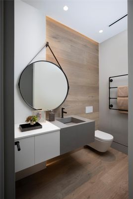 Bathroom, Dual Sink Vanities, Interior, Recessed Lighting, Wood Texture Flooring, Wooden Walls