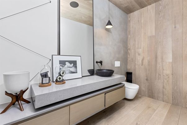 Bathroom, Dual Sink Vanities, Interior, Pendant Lights, Wood Texture Flooring
