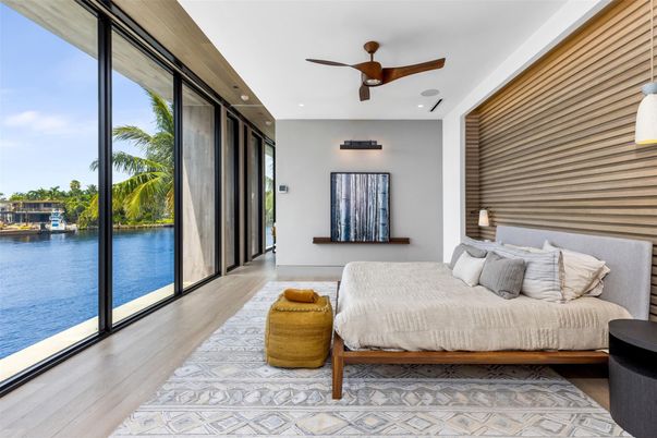 Bedroom, Interior, Recessed Lighting, Water, Wood Texture Flooring