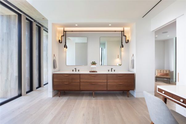 Bathroom, Dual Sink Vanities, Interior, Recessed Lighting, Wood Texture Flooring