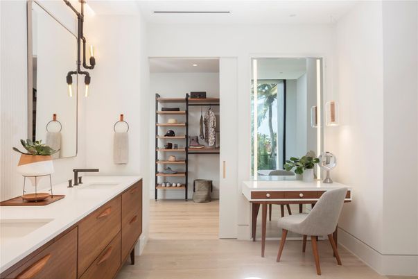 Bathroom, Dual Sink Vanities, Home Office, Interior, Recessed Lighting, Wood Texture Flooring
