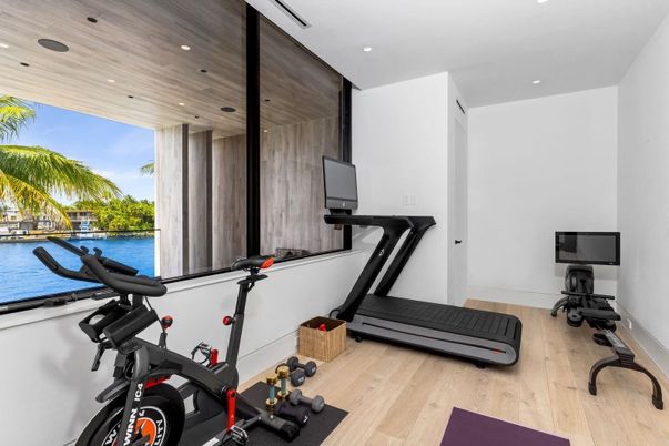 Fitness Equipment, Interior, Recessed Lighting, Water, Wood Texture Flooring