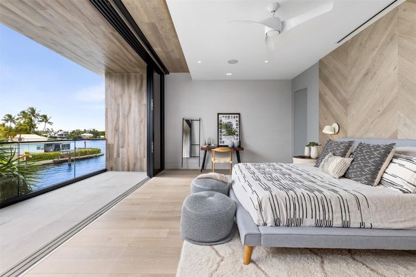 Bedroom, Interior, Recessed Lighting, Water, Wood Texture Flooring