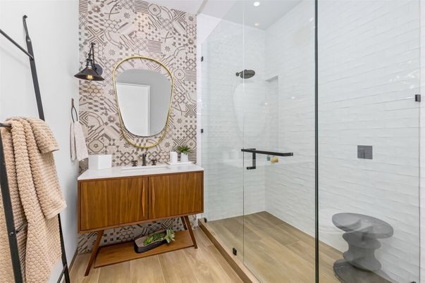 Bathroom, Glass Shower, Interior, Recessed Lighting, Wood Texture Flooring