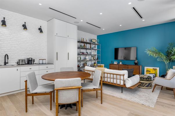 Dining room, Interior, Living room, Recessed Lighting, Stone Walls, Wood Texture Flooring