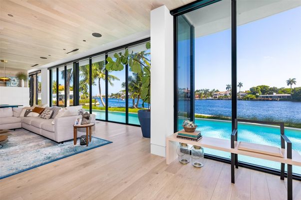 Interior, Living room, Recessed Lighting, Water, Wooden Ceilings, Wood Texture Flooring