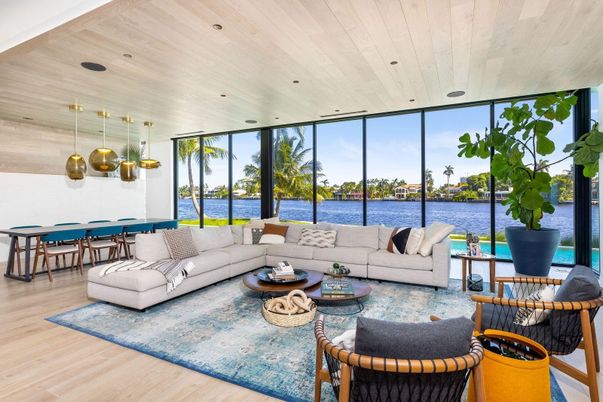 Dining room, Interior, Living room, Pendant Lights, Recessed Lighting, Water, Wooden Ceilings, Wood Texture Flooring