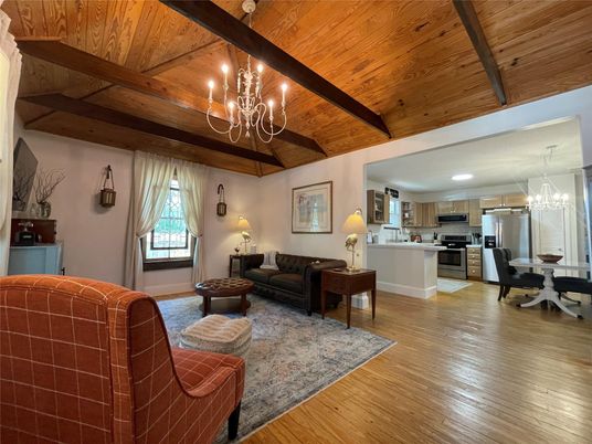 Chandelier, Interior, Kitchen, Living room, Stainless Steel Appliances, Wooden Beams, Wooden Ceilings, Wood Texture Flooring