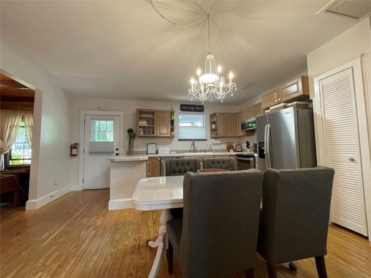 Chandelier, Interior, Kitchen, Stainless Steel Appliances, Wood Texture Flooring