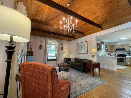Chandelier, Interior, Kitchen, Living room, Stainless Steel Appliances, Wooden Beams, Wooden Ceilings, Wood Texture Flooring