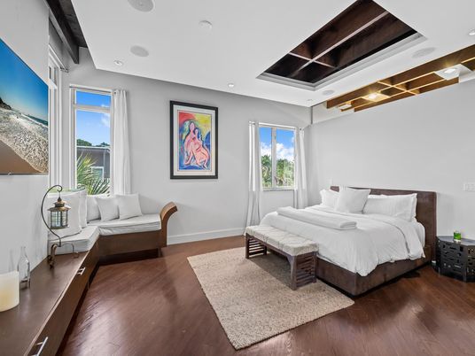 Bedroom, Interior, Recessed Lighting, Wood Texture Flooring