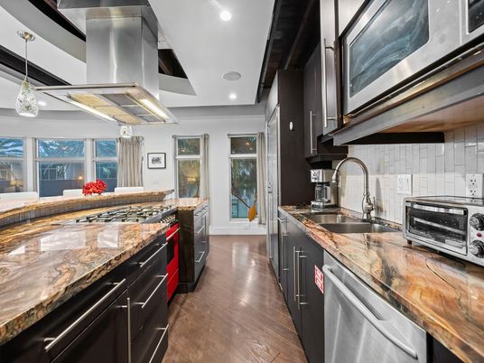 Interior, Kitchen, Pendant Lights, Recessed Lighting, Stainless Steel Appliances, Wood Texture Flooring