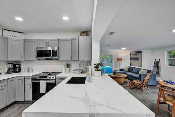 Interior, Kitchen, Living room, Recessed Lighting, Stainless Steel Appliances, Wood Texture Flooring